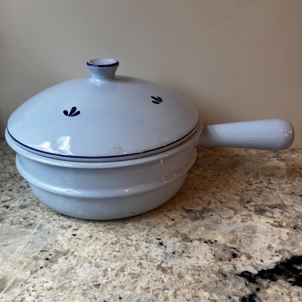 Vintage DRU Holland Enamel Cast Iron Saucepan with Lid‎ Light Blue Floral 7.5 in